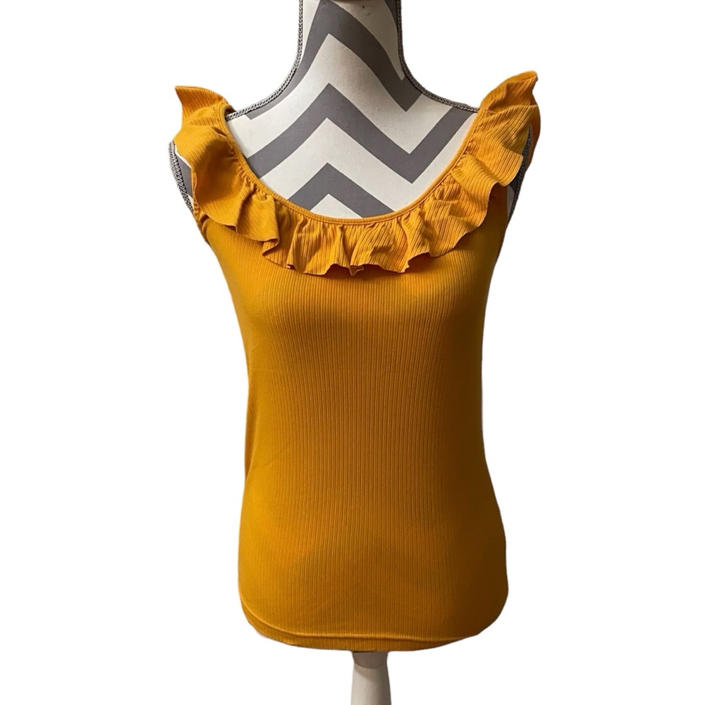 J. Crew Yellow Ruffled Neck Ribbed Sleeveless Tank Top Womens Size XS